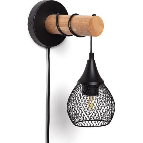 Lampe murale en bois et métal Monah noir – Applique murale moderne – Compatible ampoule E27 – Idéale pour salon et entrée (1/5)