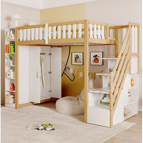 lit chambre adulte rangement 90x200 bois blanc escalier HAVRYA (1/5)