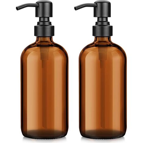 Distributeur de savon en verre - Lot de 2 - Savon pour les mains - Liquide vaisselle - Gel douche - Shampoing - Accessoires de salle de bain et de cuisine (ambre) (1/5)