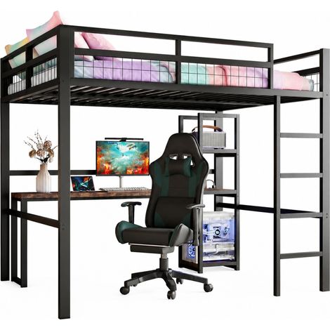 Cama alta 140x200 cm con estructura de metal, escritorio, estantes y enchufe USB + Type-C, ideal para estudio y almacenamiento en dormitorios juveniles  CHICFURN (1/5)