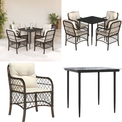 Ensemble à manger de jardin 5 pcs et coussins marron poly rotin - Chaise de jardin - Table de jardin (1/5)