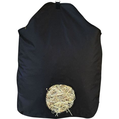 73 x 48 cm: Borsa portafieno in nylon con foro centrale e ganci in metallo per poterla appendere al box
