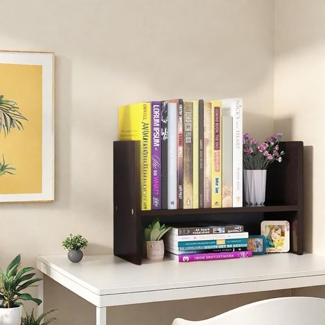 Étagère à livres en bois, organisateur de bureau, 30 x 15 x 25 cm, à 2 étages, pour rangement de bureau, livres et décorations, E272 (noir) (1/3)