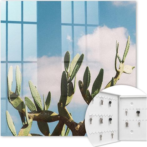 Armoire à clés - (30 cm x 30 cm) - Boîte à clés murale - Coffret de rangement pour clés - Couleur blanche - Ouverture vers la gauche - Pour maison et bureau - cactus vert (1/5)