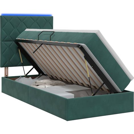 Cama de almacenamiento LED con colchón Verde oscuro 90 x 200 cm vidaXL (1/5)