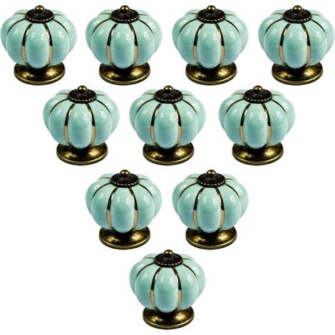 Paquet de 10 boutons en forme de citrouille en céramique Vintage de Style européen bleu clair pour tiroir de porte, commode de cuisine, placard (1/5)