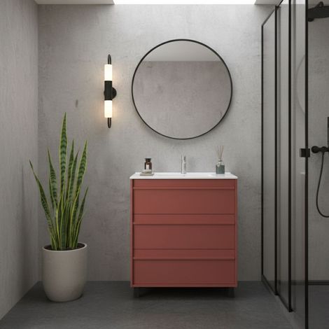 Mobile Bagno a Terra 80 cm con Lavabo in Ceramica e 3 Cassetti Rosso Satinato – Urban