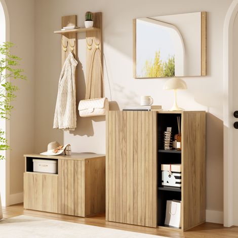 4-in-1 Garderobenset mit Spiegel, Schuhschrank und Schuhbank, Holzoptik/Schwarz (1/5)
