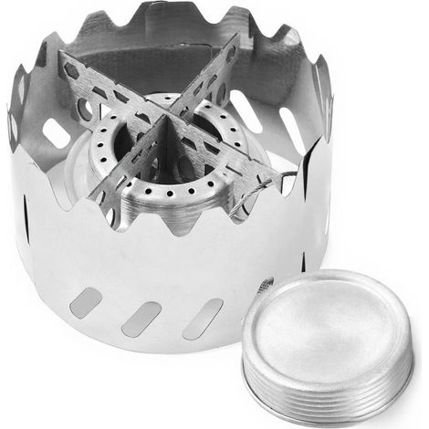 Mini réchaud de camping portable 100 ml en aluminium avec couvercle, béquille et pare-vent, idéal pour la randonnée et la survie. (1/5)