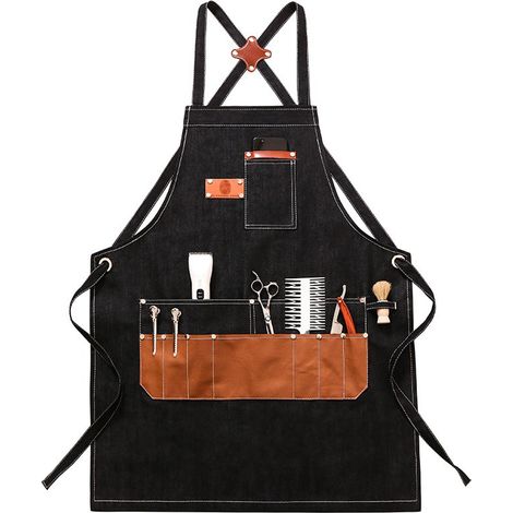 Tablier Croisé - Tablier Professionnel avec Poches en Cuir - Pour Coiffeur Barman Cuisine Atelier - 1 Pièce