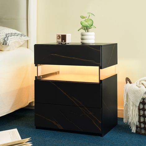 Mesita de noche LED de madera de ingeniería, negra y dorada, 59,9 x 50 x 37,1 cm, 3 cajones (1/5)