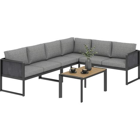 Modulares Eck-Gartenlounge-Set für 6 Personen, bestehend aus Sofas, Couchtisch und Kissen, dunkelgrau.