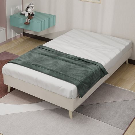 Cadre lit 90 x 200 cm velours néerlandais beige base surbaissée sans sommier gaz tête ni matelas (1/5)
