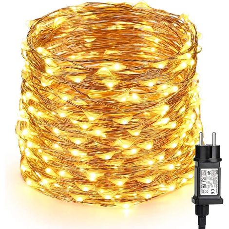 Guirlande Lumineuse Noël Extérieur, 10M 100 LED Fil de Cuivre Guirlandes Lumineuses Électrique Blanc Chaud Étanche 8 Modes Décoration pour Arbre Mariage Intérieur Fête Maison Jardin Patio