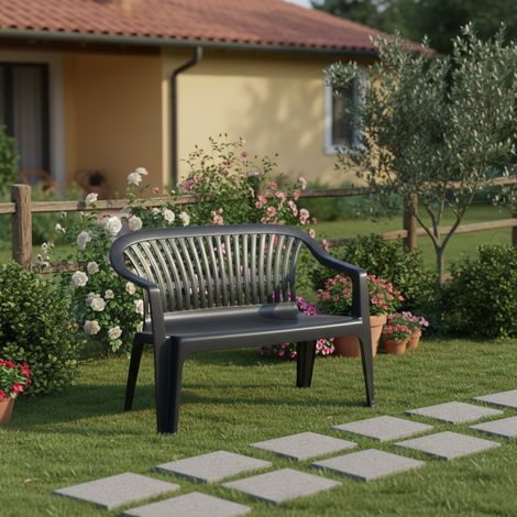 Panca de Exterior Asmi, 2 Plazas, Apilable Made in Italy, Con Reposabrazos, 114x55x82h cm Negro Antracita (1/3)
