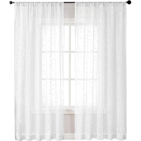 Rideaux Brodés Translucides à Oeillets pour Fenêtres - 2 Pièces 140x180 cm - Motif Étoiles Blanc (1/5)