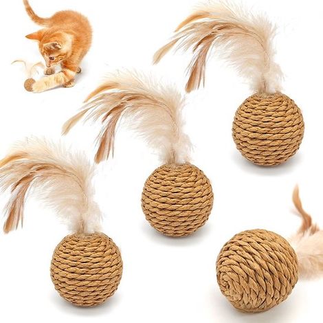 Juguetes para mascotas, Pelota con cascabel de viñedo, Pelota de juguete con plumas, Corredor, Cuerda de papel original (4 piezas) (1/5)
