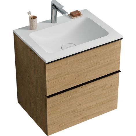 BERNSTEIN - Mobile lavabo sospeso MDF rovere miele, lavello Ghisa bianco opaco + foro rubinetto, maniglia cromata - 60x46x62cm - LAVOA	cromo, Rovere Miele Oro, Bianco opaco con foro rubinetto