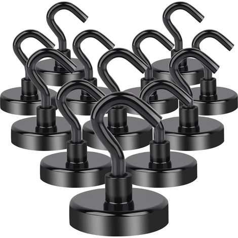 Lot de 12 crochets magnétiques en néodyme super puissants de 30 kg, crochet de 32 mm, sans perçage, pour porte en fer, crochet magnétique pour cuisine, camping, casier, bureau (1/4)