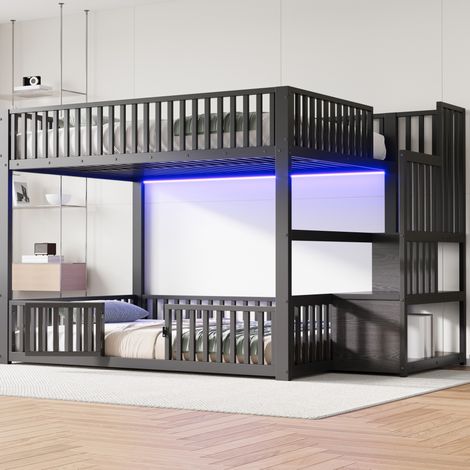Lit superposé 140x200 cm avec LED et échelle de rangement, en métal noir, sans matelas (1/5)