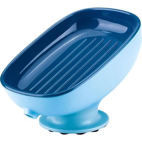Portasapone autodrenante per lavabo del bagno, porta sapone con ventosa, vassoio da appoggio per cucina, facile da pulire, a doppio strato, blu (1/5)