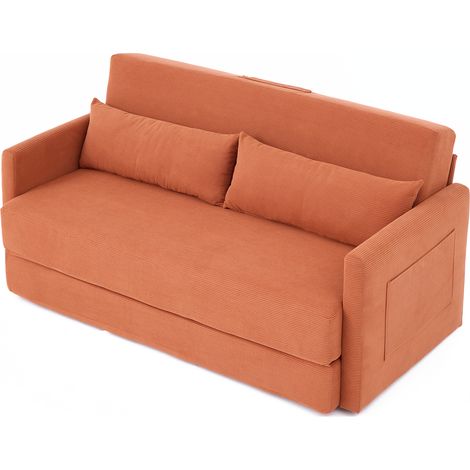 ELVMI Divano Letto Convertibile 2 Posti con 2 Cuscini Lombari e Tasche Laterali in Velluto a Coste Arancione (1/5)