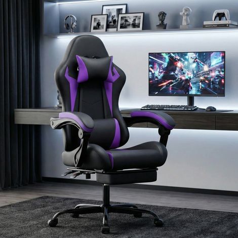 Silla ergonómica para gaming - 58,5 x 63 x 120,5 cm - Sillón para gaming con reposapiés y soporte lumbar - Negro y morado (1/5)