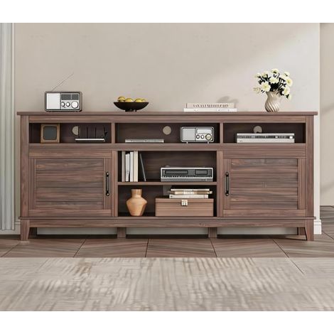 Meuble TV style Farmhouse en MDF étanche, étagères réglables, compatible aspirateur robot, capacité de charge 220 lbs, pour salon et chambre, 65 pouces, marron (1/5)