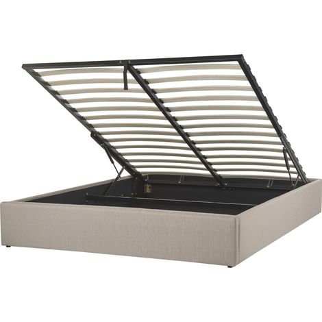 Letto matrimoniale con contenitore Imbottito marrone chiaro Effetto Lino con Box Portaoggetti 160 x 200 cm Dinan (1/5)