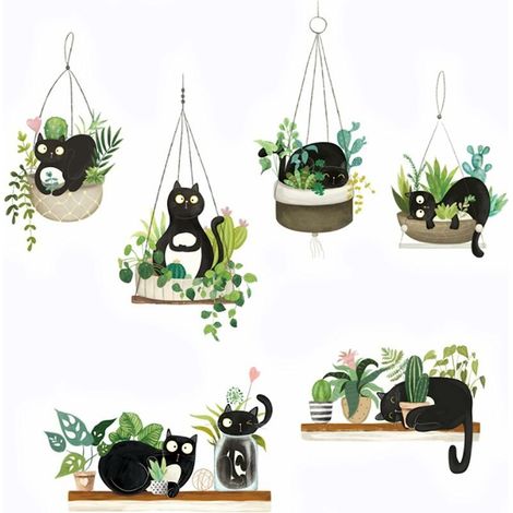 AGE Sticker peinture porte balcon sticker chevet chambre décoration murale imperméable sticker mur arbre (chat noir couché dans une plante en pot suspendue) (1/2)