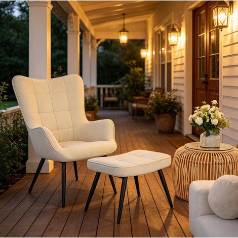 Fauteuil lounge avec repose-pieds 50x49x97 cm blanc crème en velours côtelé et métal avec dossier haut (1/3)
