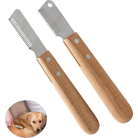 2 Pièces Couteaux de Toilettage, Couteau à Trimmer Set de Couteau à Trimmer à Dents Fines et Grossières Inoxydable Trimmer Set avec Manche Ergonomique en Bois pour Chiens et Chats (1/5)