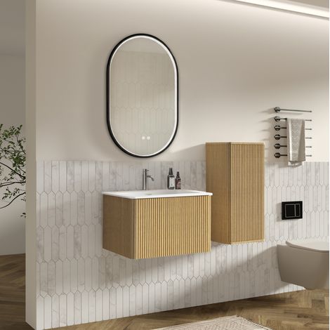 Conjunto mueble de baño suspendido 60 cm roble con espejo LED – MEUBLIV (1/5)