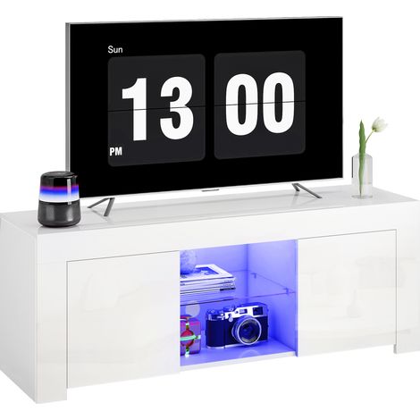 Meuble TV panneau de particules blanc avec éclairage LED, 2 portes, étagère vitrée et passage de câbles, mobilier moderne parfait pour votre salon