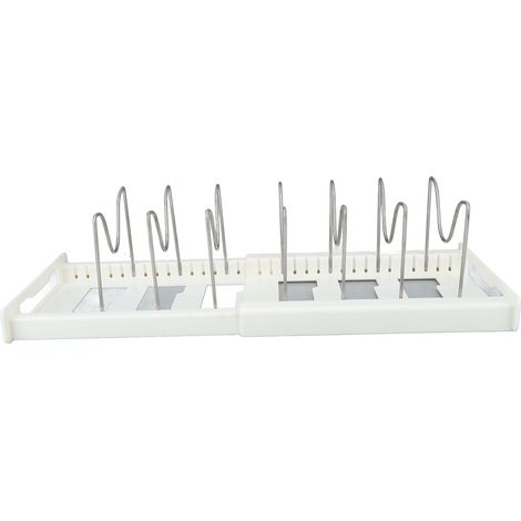Organisateur de casseroles extensible, antidérapant, réglable en taille, support pour couvercles de casseroles, pour de multiples usages en cuisine et pour bouteilles (blanc). (1/5)
