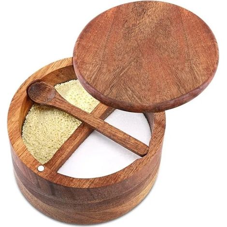 Bol à sel et poivre en bois, boîte de rangement avec cuillère intégrée et couvercle magnétique rotatif (deux compartiments, 35 cl) (1/5)