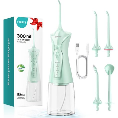Hydropulseur Jet Dentaire Portable, Mode Bricolage Amélioré Réservoir De 300 Ml, 4 Modes (Doux Et Précis) Pour Toute La Famille, Sans Fil Pour La Maison Et Les Voyages, Vert Brillant (1/5)
