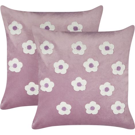 Lote de 2 cojines decorativos cuadrados de terciopelo borado con patrón de flores en color violeta 45 x 45 cm Echinacea (1/5)