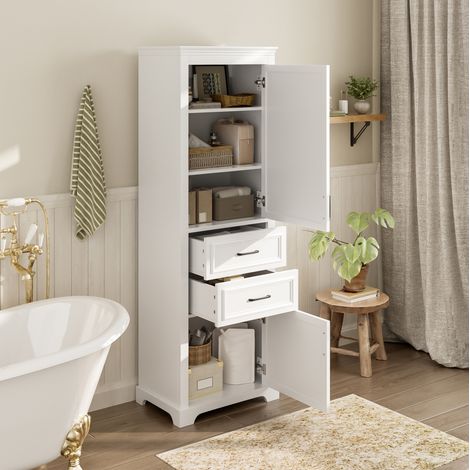 Badezimmer-Hochschrank 60x40x180 cm weiß MDF mit 2 Schubladen, 2 Schränken und verstellbaren Einlegeböden (1/5)