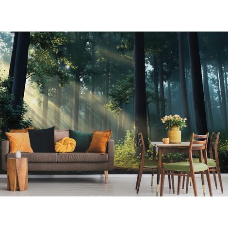 Vlies Fototapete Wald Landschaft 150x105 cm, Tapeten, für Wohn und Schlafzimmer, Vliestapete Wandtapete Tapete 3D Effekt- inkl. Kleister - Natur grün Sonne, WallArena (1/4)