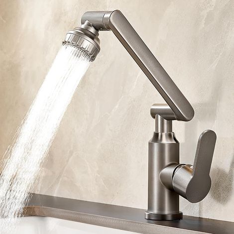 Robinet Mitigeur Cuisine, Robinet Cuisine Douchette, Pivotant à 360° Mitigeur Evier en Acier Inoxydable Gris, 2 Modes de Jet, Livré avec Flexibles