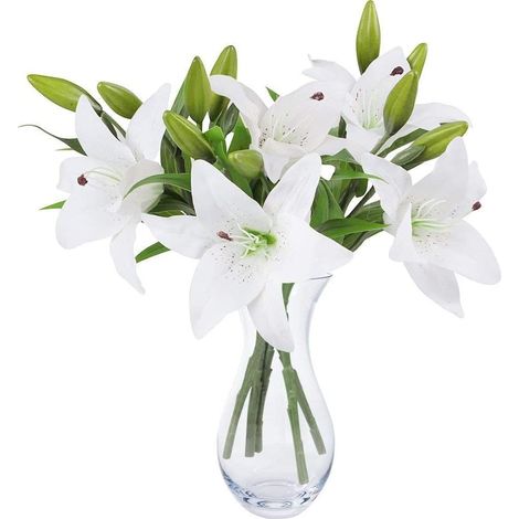 Juego de ramo de flores artificiales de 5 flores artificiales falsas de plástico de lirio para decoración del hogar, boda, campo, cementerio, planta artificial para interior y exterior (blanco) (1/5)