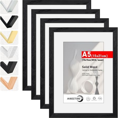 4x Bilderrahmen A5 Schwarz Massivholz mit Passepartout für 10x15cm Bilder (1/5)