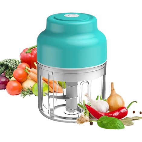 Mini Hachoir Électrique, Mini Robot Culinaire avec 3 Lames Tranchantes, 250ml Hachoir à Oignons Chargeur USB pour Oignons, Ail, Viande, Légumes, Fruits (Bleu)