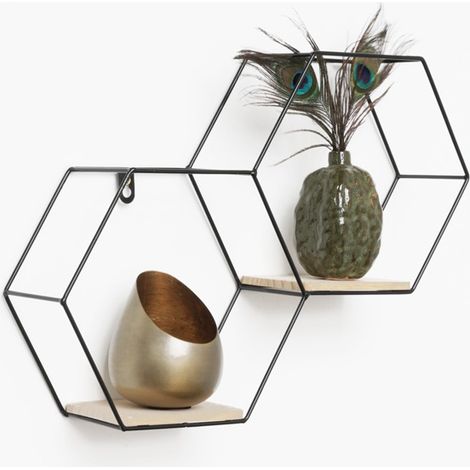 Double étagère murale hexagonale en métal avec 2 tablettes en bois - 30,5x41 cm - Noir