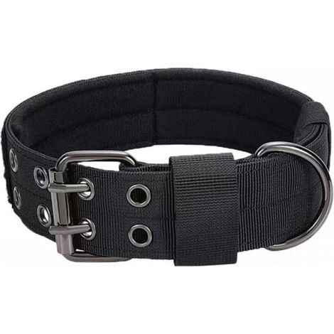 1 x schwarzes, verstellbares, gepolstertes Hundehalsband im Militär-Stil, L (44–54), Nylon-Hundehalsband mit Metallschnalle für das Training mittelgroßer bis großer Hunde (1/4)