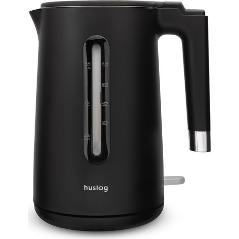 Bouilloire Électrique 1,5L 2200W Double Paroi Cool Touch, Acier Inoxydable 304, Sans BPA, Indicateur de Niveau d’Eau, Base 360°, Protection contre la Marche à Sec, Noire (1/5)