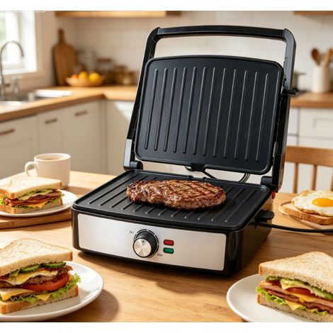 Machine à panini haute puissance 2200W, chauffage double face, plateau de cuisson antiadhésif lavable, polyvalente pour paninis, steaks et gaufres, idéale pour usage domestique et commercial, pratique
