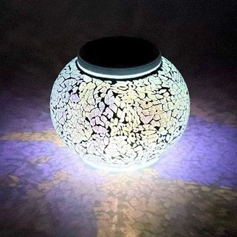 Boule de verre en mosaïque avec changement de couleur - Lampe solaire LED étanche - Lampe de table pour décoration intérieure ou extérieure (argent)