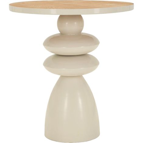Table basse de salon en métal et bois crème, diam. 45,5 cm, pied sculptural (1/5)